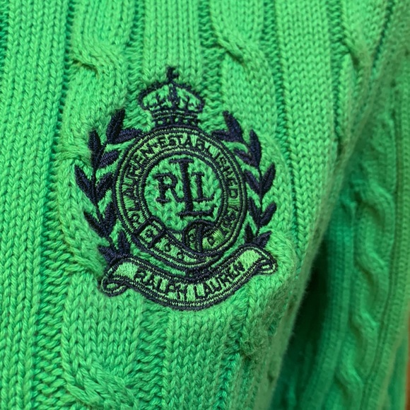Ralph Lauren cable knit full zip lime green and navy blue sweater Medium - Picture 12 of 17